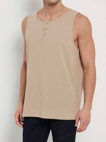 Manfinity Dauomo Men's Plain Button Half Placket Round Neck Casual Top - Khaki - View 3