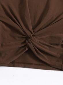 SHEIN EZwear Twist Hem Solid Tee - Chocolate Brown - View 4