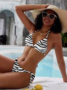 SHEIN Women's Vacation Beach Zebra Print Bikini Set For Summer
