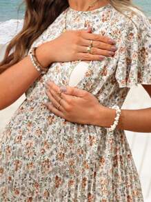 SHEIN Maternity Ditsy Floral Pleated Casual Nursing Dress For Vacation - Apricot - View 5