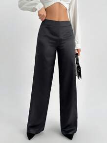 SHEIN Tall Women Solid Color Satin Low Waist Wide Leg Pants - Black - View 1
