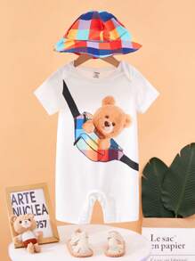 SHEIN 2pcs Baby Boys Cute Bear Graphic Short Sleeve Romper Suit With Hat, Suitable For Everyday, Casual Home Wear & Outdoor Activities, Spring/Summer