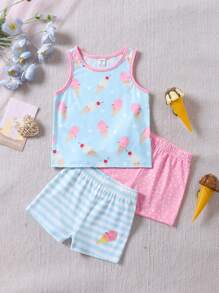 3pcs/Set Young Girl Toddler Round Neck Knit Vest With Ice Cream Print & Shorts, Multicolor Combination Innerwear Set For Spring/Summer