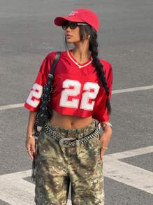 Women's Short Number Print Color Block Casual T-Shirt - Red - View 6