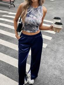 SHEIN Essnce Women's Round Neck Sleeveless Letter Print Casual Tank Top - Multicolor - View 5