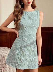 Vintamour 复古优雅度假提花迷你连衣裙，无袖修身喇叭绿色连衣裙，春夏