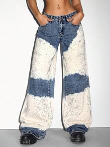 SHEIN ICON 女式撞色口袋阔腿休闲牛仔裤 - 藍色 - 查看 5