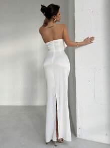 Firerie Váy bó xếp ly satin hoa 3D màu trắng mới cho nữ, xẻ tà hở lưng, thích hợp cho tiệc tùng, dạ hội, thanh lịch, cổ điển, ngày lễ, tiệc tối, hẹn hò, gợi cảm - trắng - Xem 3