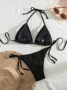 Swim Vcay Solid Color Texture Split Bikini Set, Vacation Beach For Summer