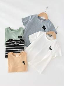 5 Pieces Young Boy Casual Comfortable Cute Graphic Print Fitted Crew Neck Short Sleeve T-Shirt Set, Versatile 5 Styles In 1 Pack, Suitable For Commuting, School, Daily, Casual, Sport, Spring, Summer, Fall, Winter Seasons - Multicolor - View 4