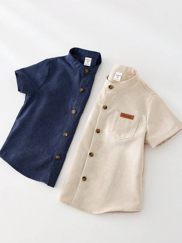 SHEIN 2 pezzi Camicia allentata e in tinta unita stile coreano per ragazzi, con colletto, adatta per scuola, casa, vacanze, abbigliamento sportivo, primavera ed estate. Comprando 1 pezzo si riceve 1 set, acquistando 2 pezzi a un ottimo prezzo, ideale anche come regalo