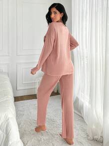 RueChic 100%Cotton Letter And Heart Print Ribbed Knit Tee & Pants Lounge Set - Pink - View 2