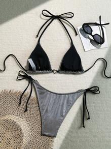 Swim EVENT Springbreak New Women's Sexy Bikini Set Set, 2pcs, Metallic Silver Fabric, Halter Neck Tie Top With Heart Accent, Side Tie Bottom With Heart Accent, Fashionable EDM Festival & Beach Vacation Swimwear