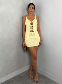 Glamine Sleeveless Tie Knot Bow Tank Top With Bodycon Mini Skirt 2pcs Knitted Women Suit, Spring/Summer Two Pieces Swimsuit Women Summer Women Clothes Summer Outfits For Women Women Summer Outfits - Yellow - View 3