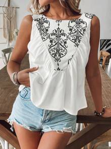 Breezaya 女式夏季乡村休闲度假纹理无袖印花背心 - 白色 - 查看 5