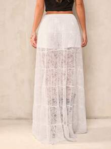 SHEIN BAE 女士白色纯色优雅蕾丝短裤、长款透明分层裙，适合与朋友共进早午餐、下午茶派对 - 春夏时尚、嬉皮士/狂欢节服装、春假装扮、街头装扮、沙滩装扮