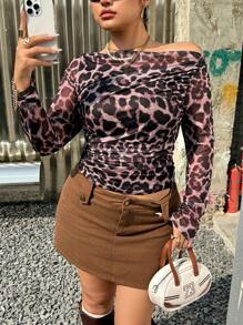 SHEIN EZwear Damen Große Größen Asymmetrischer Kragen Plissee Leoprint Leichtgewicht Figurbetontes Langarm Top, Frühling/Sommer - Mokka-Braun - Übersicht 6