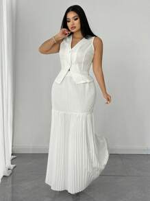SHEIN Unity 大码 2 件套女式 V 领背心上衣和褶皱长裙 - 白色 - 查看 6