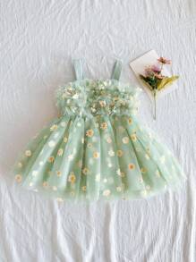 SHEIN 女婴春绿色华丽可爱风格别致网眼天鹅绒网眼面料细肩带松紧腰喇叭裙，适合派对和聚会