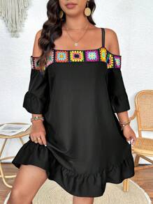 Breezaya Plus Size Women's Black Bohemian Crochet Lace Off Shoulder Spaghetti Strap 3/4 Sleeve Ruffle Hem Slim Knee-Length Dress, Spring/Summer