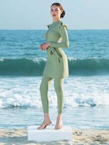 Swim Shayni Bộ đồ bơi và bikini màu trơn cổ tròn tay dài xếp nếp ngực mới cho nữ mùa hè - xanh quân đội - Xem 8