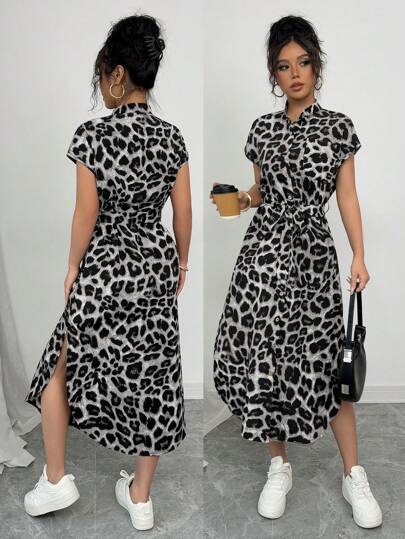 Selianne 女士休闲度假旅行豹纹前扣衬衫腰带蝴蝶结口袋侧开衩2025夏季新款短袖长裙