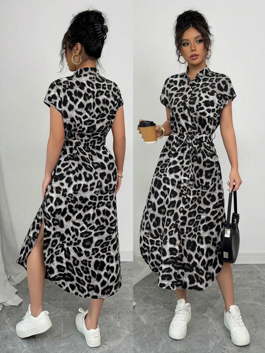 Selianne 女士休闲度假旅行豹纹前扣衬衫腰带蝴蝶结口袋侧开衩2025夏季新款短袖长裙 - 灰色 - 查看 1
