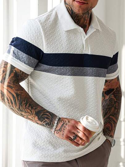 Manfinity Homme 男式前扣短袖休闲拼布纹理 Polo 衫