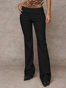 SHEIN BAE Women Plain Color Casual/Fashionable Outing/Versatile Casual/Old Money Style Patch Pocket Wide Waistband Simple Commute Office Low-Waist Loose Wide Leg Pants, Autumn/Winter Women Pants, Pants, Women's Dress Pants, Work Wear, Vintage Style Leopard Print