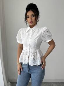 Gloray Hollow Puff Sleeve Wave Hem Elegant Office Lady Style Women Blouse, Summer