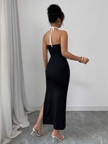 Rafferiza Đầm ôm body hở lưng hở lưng gợi cảm phong cách Pháp thanh lịch cho nữ - Đen và trắng - Xem 2