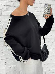 Comfortcana Women Oversized Knot Side Drop Shoulder Casual Sweatshirt