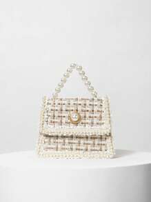 轻盈、商务休闲、闪亮、奢华、迷人、优雅、精致的迷你仿珍珠装饰斜纹软呢手提包，适合女孩、女士、大学生、职场新人及白领人士，可用于派对、舞会、婚礼等场合，也适合青少年女孩、女性、大学生、职场新人及白领人士，是办公室、大学、工作、商务、通勤、户外活动、旅行、郊游以及圣诞节等冬季场合的理想之选。 - 米色 - 查看 1