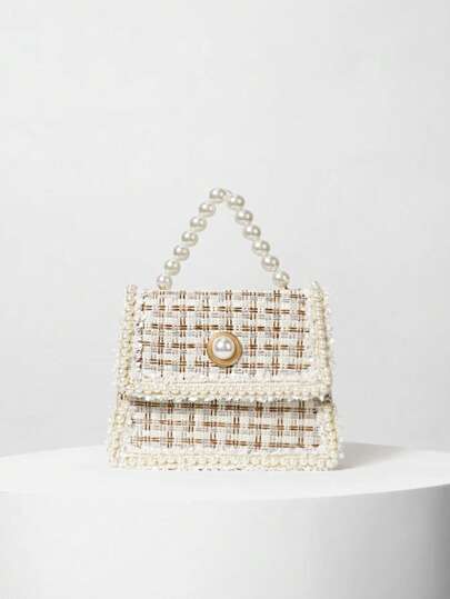 轻盈、商务休闲、闪亮、奢华、迷人、优雅、精致的迷你仿珍珠装饰斜纹软呢手提包，适合女孩、女士、大学生、职场新人及白领人士，可用于派对、舞会、婚礼等场合，也适合青少年女孩、女性、大学生、职场新人及白领人士，是办公室、大学、工作、商务、通勤、户外活动、旅行、郊游以及圣诞节等冬季场合的理想之选。