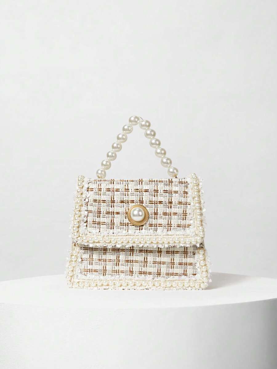 轻盈、商务休闲、闪亮、奢华、迷人、优雅、精致的迷你仿珍珠装饰斜纹软呢手提包，适合女孩、女士、大学生、职场新人及白领人士，可用于派对、舞会、婚礼等场合，也适合青少年女孩、女性、大学生、职场新人及白领人士，是办公室、大学、工作、商务、通勤、户外活动、旅行、郊游以及圣诞节等冬季场合的理想之选。 - 米色 - 查看 1