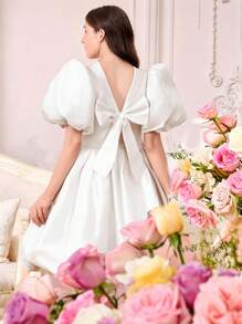 Holiday,Summer,Travel  Teen Girls White V-Neck Puff Sleeve Knee-Length Dress With Detachable Bow, Elegant Suitable For Party, Wedding, Valentine's Gift, School, Outing, Birthdays - Satin Shiny Fabric - White - View 1