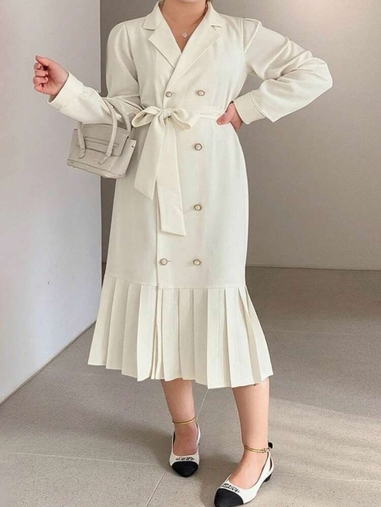 Dazy Plus Plus Size Solid Color Turndown Collar Double-Breasted Tie Waist Mid-Length Dress, Spring/Summer/Fall Long Sleeve Dress
