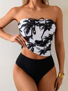Swim Lushoire Springbreak 2025 New Women 2pcs Set Random Palm Tree Print Tube Top & Black Swimwear Shorts, Beach Vacation Casual Summer Ladies Tankini Swimwear Set