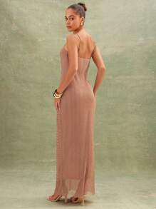 L'Amorae Elegant Sparkly Sleeveless Slim Fix Summer Spaghetti Strap Dress, Vacation Outfits Woman - Dusty Pink - View 2