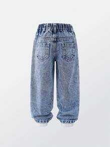 SHEIN Explorewe Denimly Young Boys' +Casual Daily Urban Street Style Straight Leg Jeans With Ripped Holes, Elastic Waistband And Button Closure Summer Holiday - Medium Wash - View 2