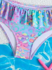 Young Girl Summer Beach Cute Colorful Leopard Digital Printing Butterfly Decor Pants With Ruffles Edge, Swimwear Set - Multicolor - View 5