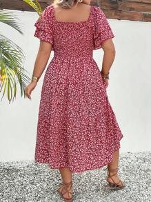 SHEIN Clasi Plus Size Women Ditsy Floral Off Shoulder Square Neck A-Line Ruffle Sleeve Dress - Red and White - View 2