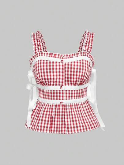 Kawaii Women's Vintage Style Doll Plaid Print Babydoll Cami Top