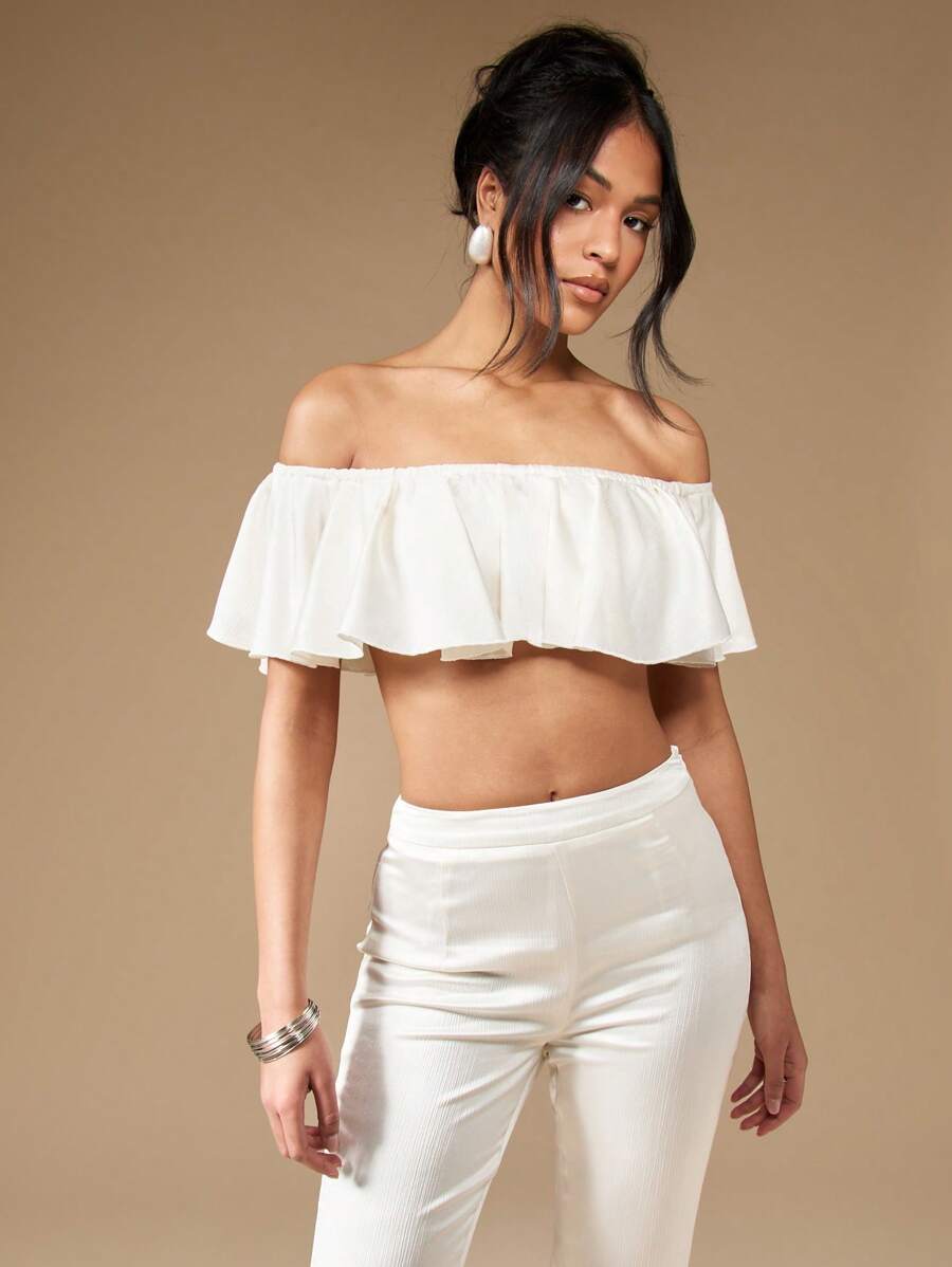 MISSGUIDED 露肩荷叶边短款上衣夏季海滩度假装芭铎风格女性休闲弹力领口节日波西米亚风混纺 - 白色 - 查看 1