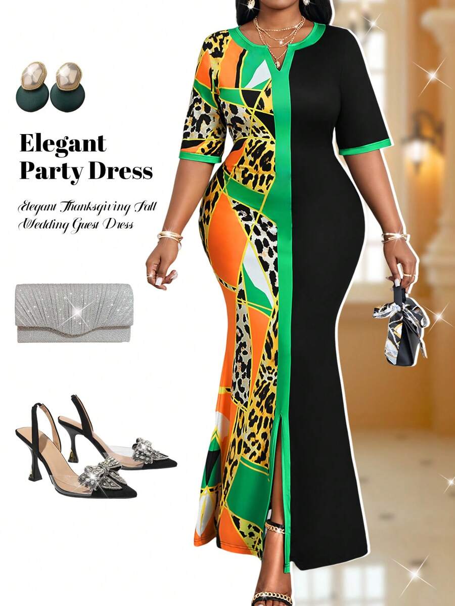 Fleurora Plus Size Women Leopard & Geometric Print Slit V-Neck Short Sleeve Bodycon Dress With Fish Tail Hem