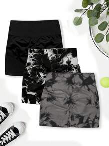 SHEIN Velisys 3pcs Tie Dye Print Wideband Waist Sports Shorts Sweater Shorts Stretchy Shorts Biker Shorts - Multicolor - View 2