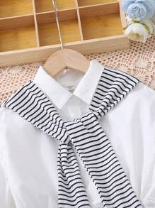 SHEIN فستان قميص أبيض طويل للفتيات المراهقات، أكمام دولمان ذات ياقة بحرية مخطط، مناسب لفصلي الربيع والصيف، للعطلات، الطراز الريفي، الموضة الشارعية، خارجي غير رسمي، للعودة للمدرسة