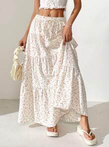 SHEIN EZwear 大码女式碎花荷叶边下摆休闲宽裙