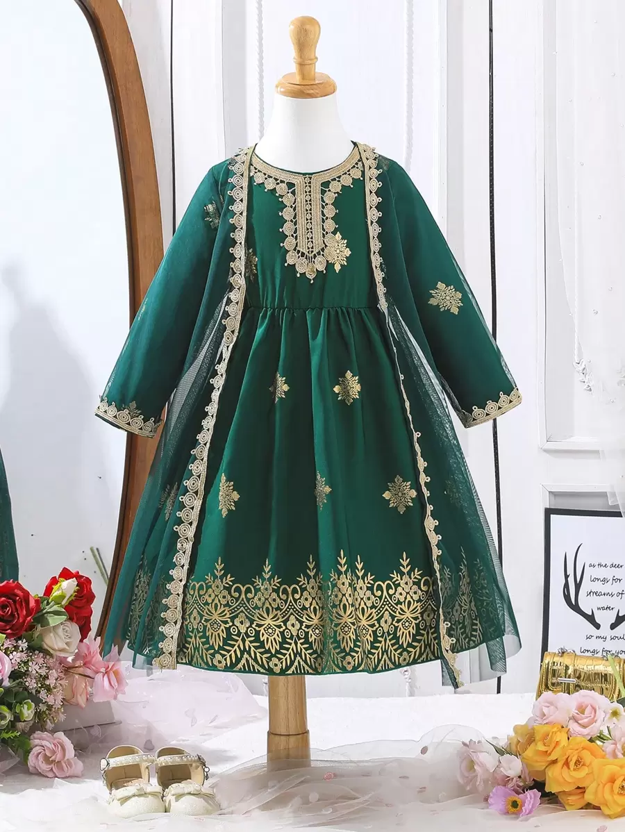 2pcs Young Girls Outfit, Includes Metallic Print Ditsy Floral Jacket And Long Sleeve Dress Set, Elegant For Spring/Summer - Dark Green - View 1
