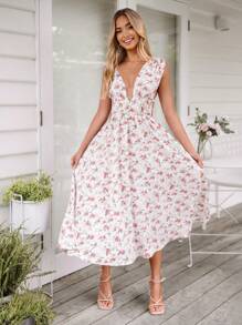 SHEIN VCAY Women's Elegant Ditsy Floral Backless Sleeveless Midi Dress,Floral Dress Women,Floral Dress Women,Elegant - White - View 5